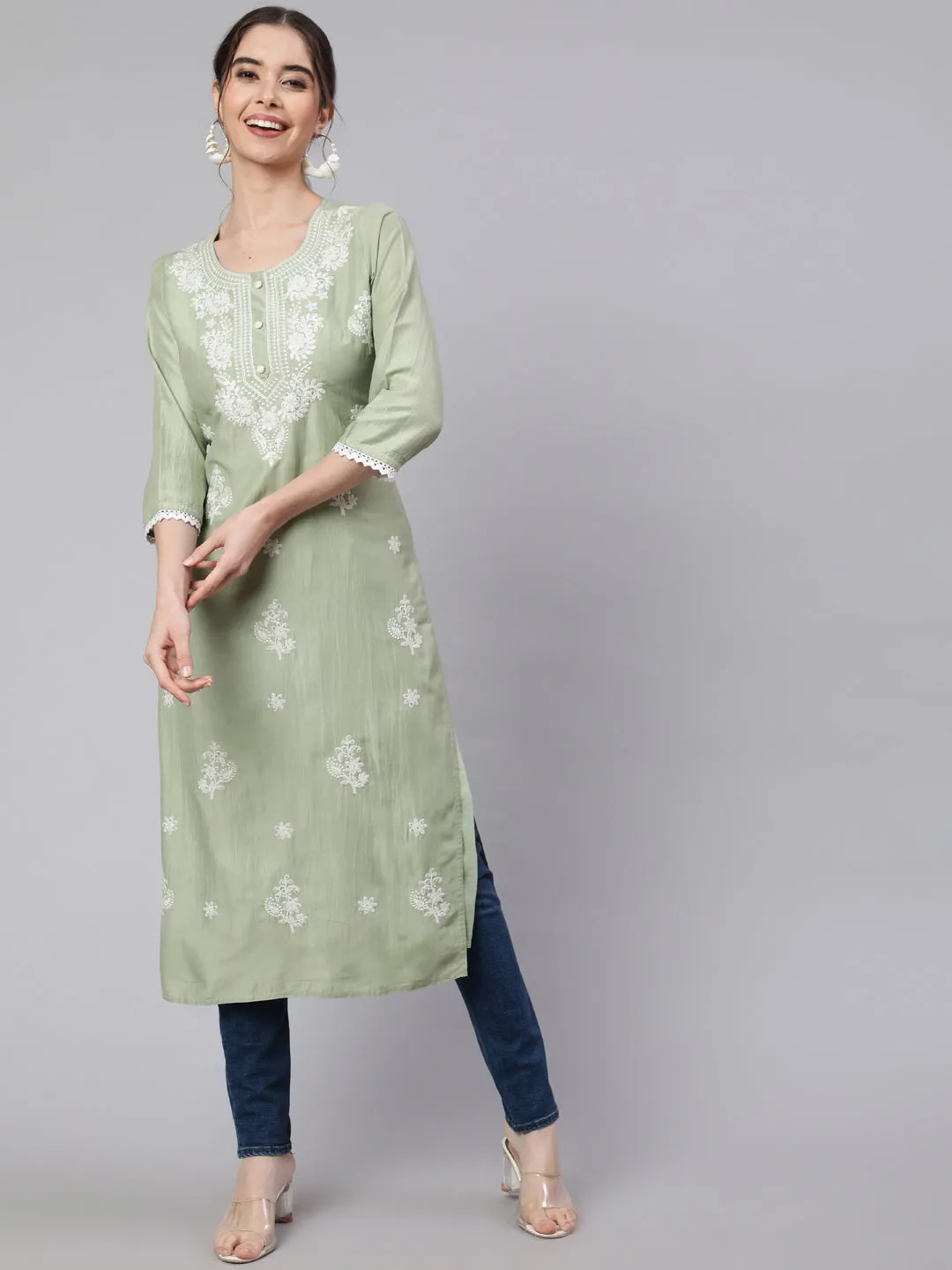 Sage Green Chikankari Straight Kurta