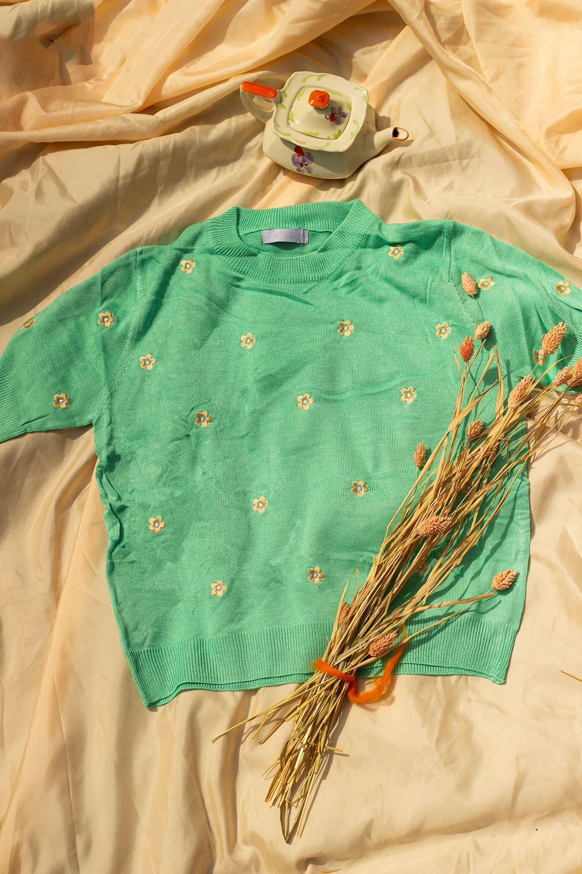 Short Sleeve Embroidered Detail Knit Top