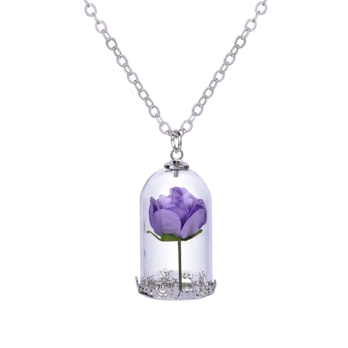 Silver-Plated & Purple Velvet Rose Pendant Necklace