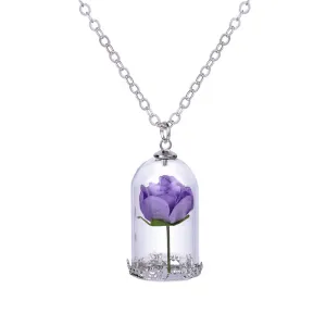 Silver-Plated & Purple Velvet Rose Pendant Necklace