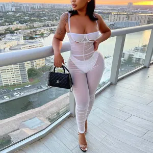 Solid Sleeveless Sheer Mesh Ruched Jumpsuit