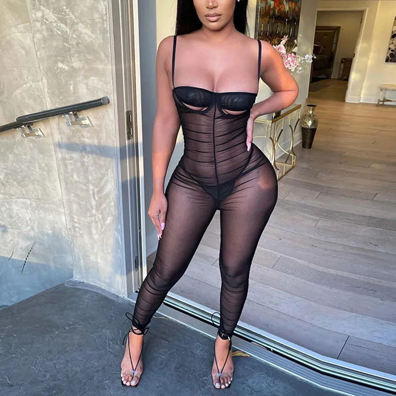 Solid Sleeveless Sheer Mesh Ruched Jumpsuit
