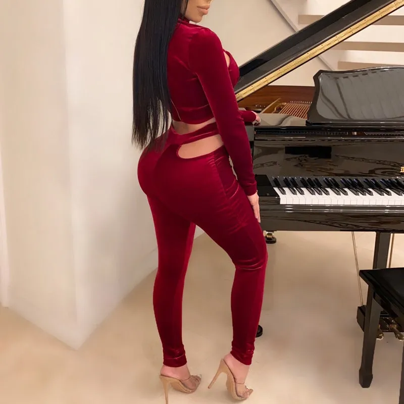 Solid Velvet Long Sleeve Bandage Two Piece Set
