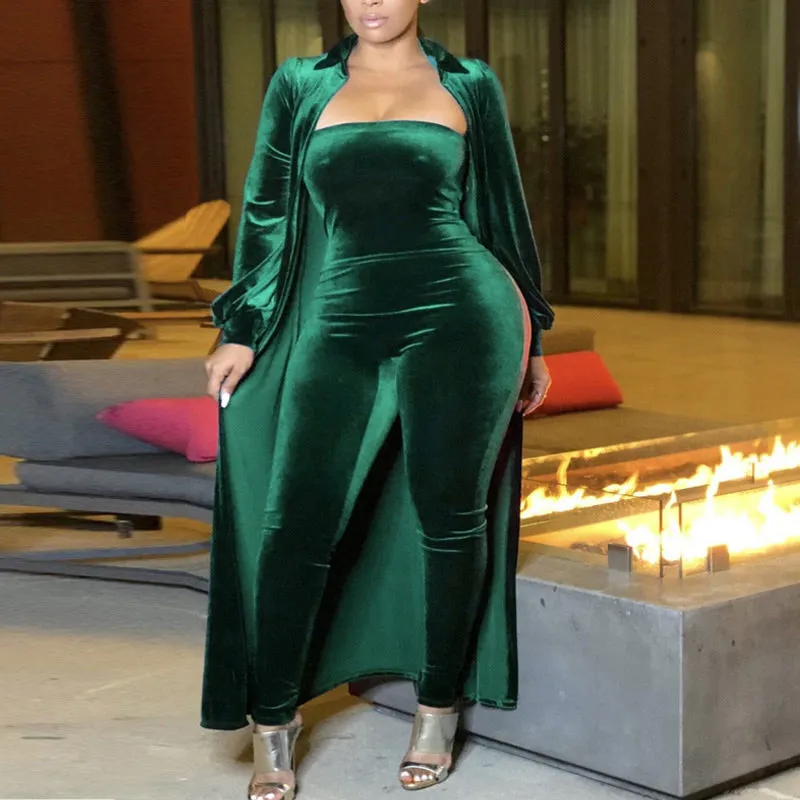Solid Velvet Long Sleeve Coat & Jumpsuit Set