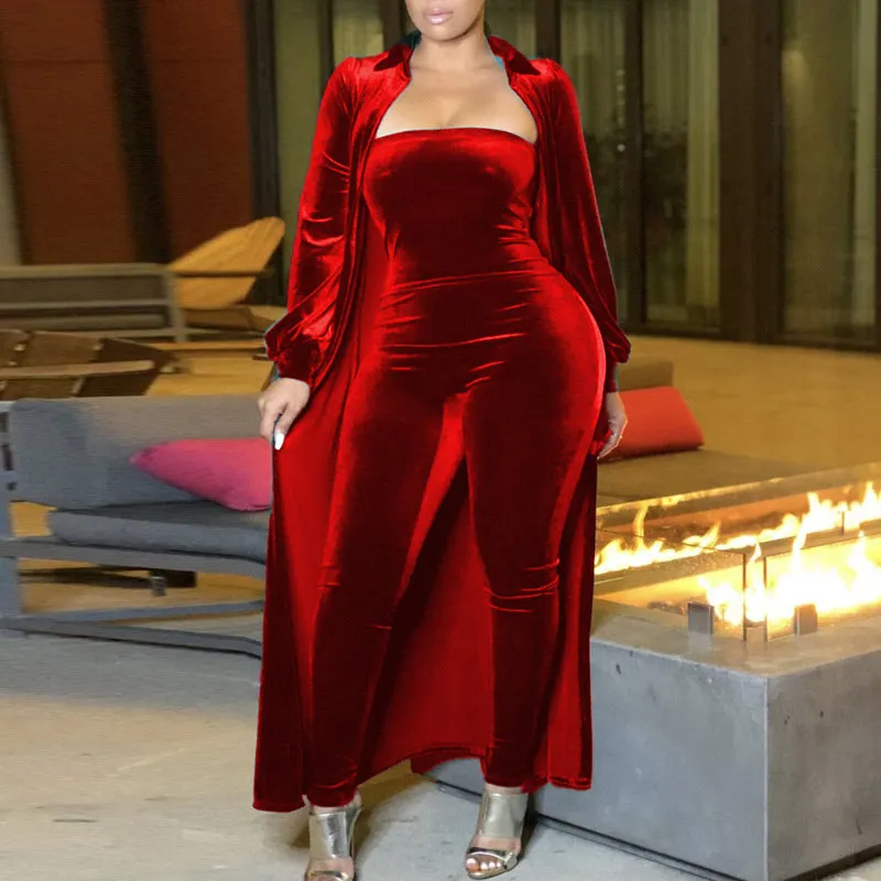 Solid Velvet Long Sleeve Coat & Jumpsuit Set