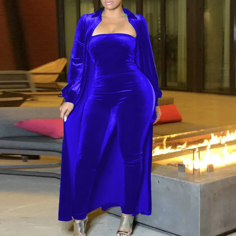 Solid Velvet Long Sleeve Coat & Jumpsuit Set