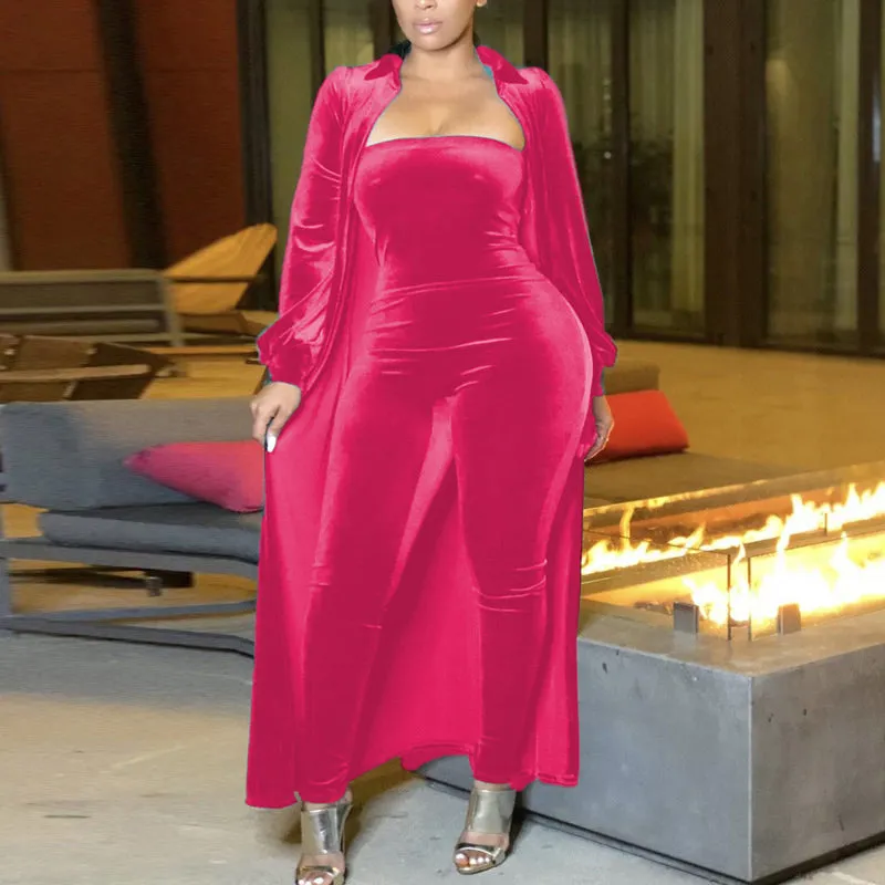 Solid Velvet Long Sleeve Coat & Jumpsuit Set