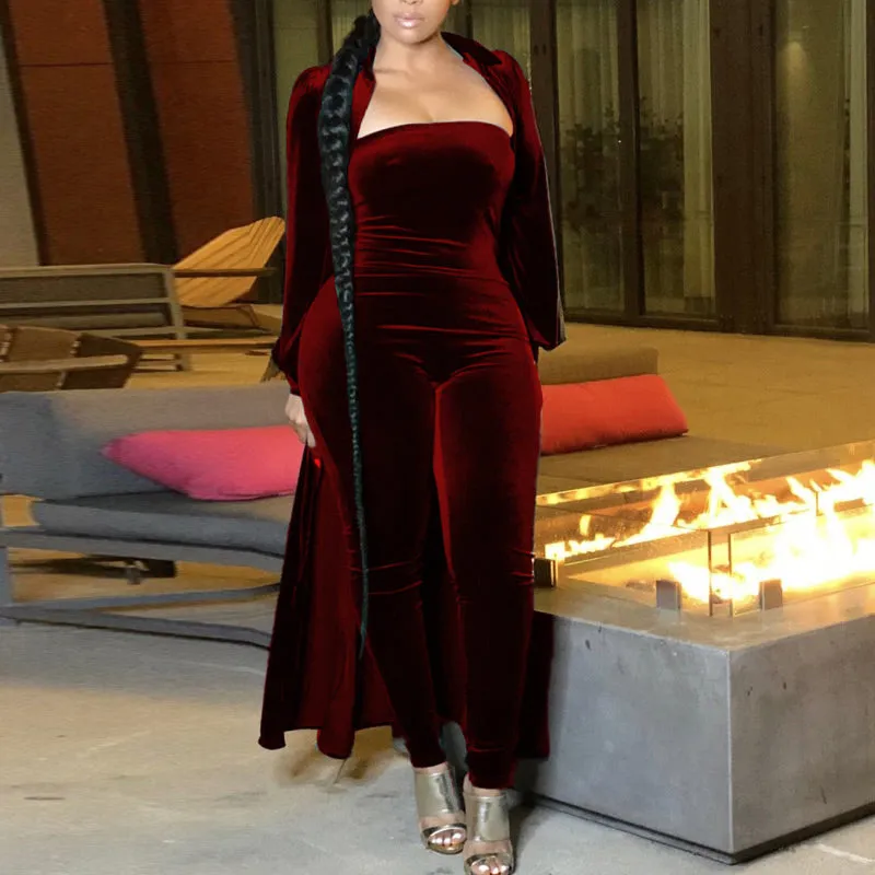 Solid Velvet Long Sleeve Coat & Jumpsuit Set