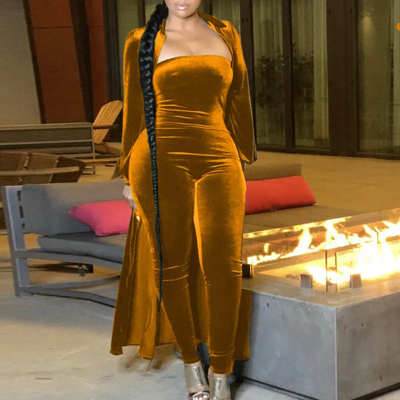 Solid Velvet Long Sleeve Coat & Jumpsuit Set