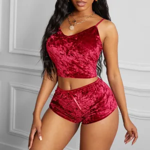 Solid Velvet Sleeveless Crop Top & Shorts Cami Set