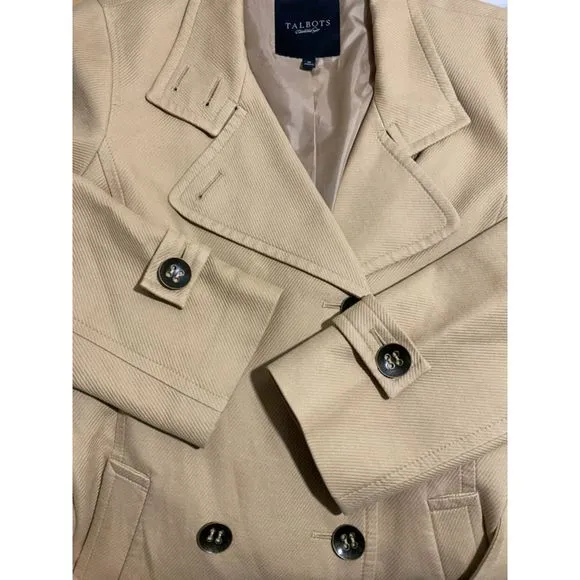 Talbots Short Trench Coat Tan 100% Cotton Corduroy Double Breasted Belt Size 10