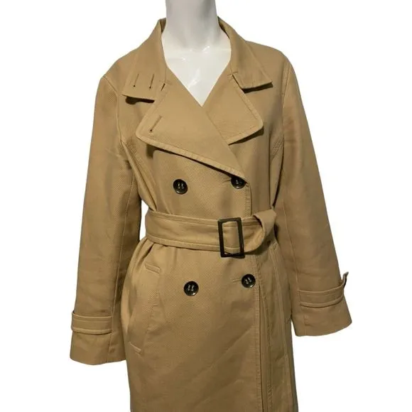 Talbots Short Trench Coat Tan 100% Cotton Corduroy Double Breasted Belt Size 10