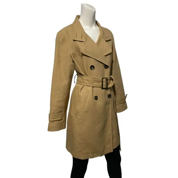 Talbots Short Trench Coat Tan 100% Cotton Corduroy Double Breasted Belt Size 10