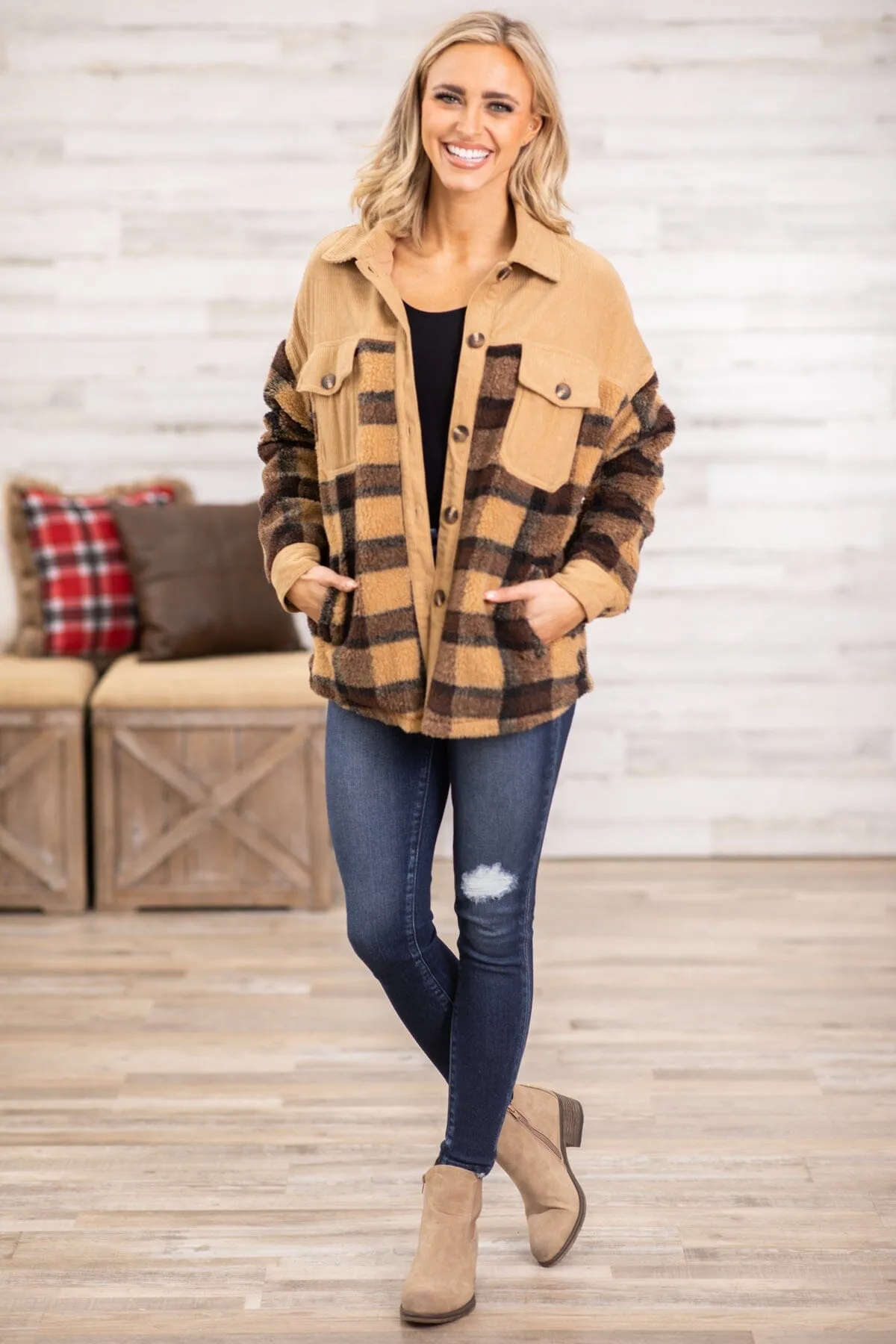 Tan Multicolor Plaid and Corduroy Shacket