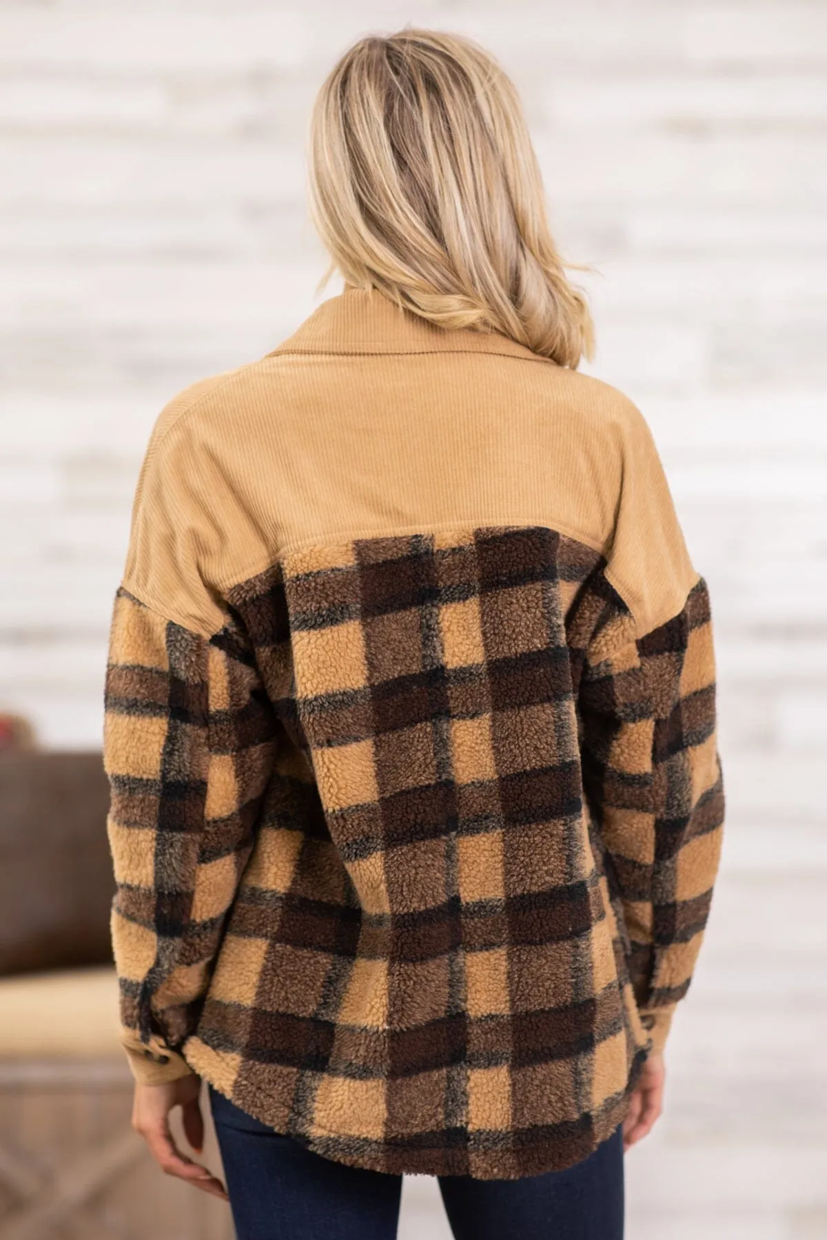 Tan Multicolor Plaid and Corduroy Shacket