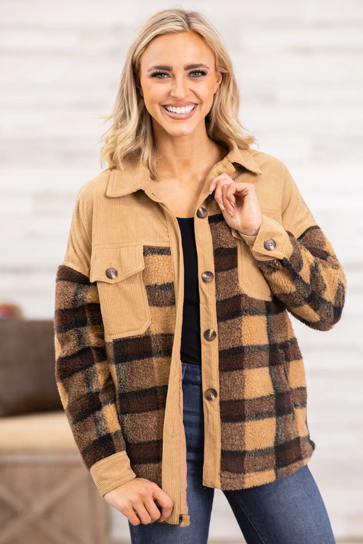 Tan Multicolor Plaid and Corduroy Shacket