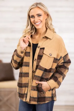 Tan Multicolor Plaid and Corduroy Shacket