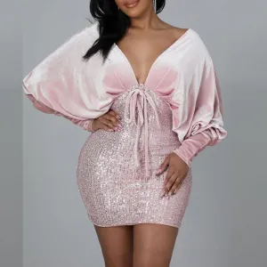 Velvet Deep V-Neck Sequins Patchwork Bandage Bodycon Dress