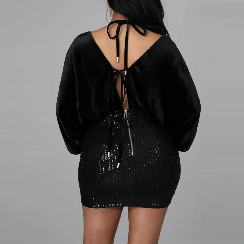 Velvet Deep V-Neck Sequins Patchwork Bandage Bodycon Dress