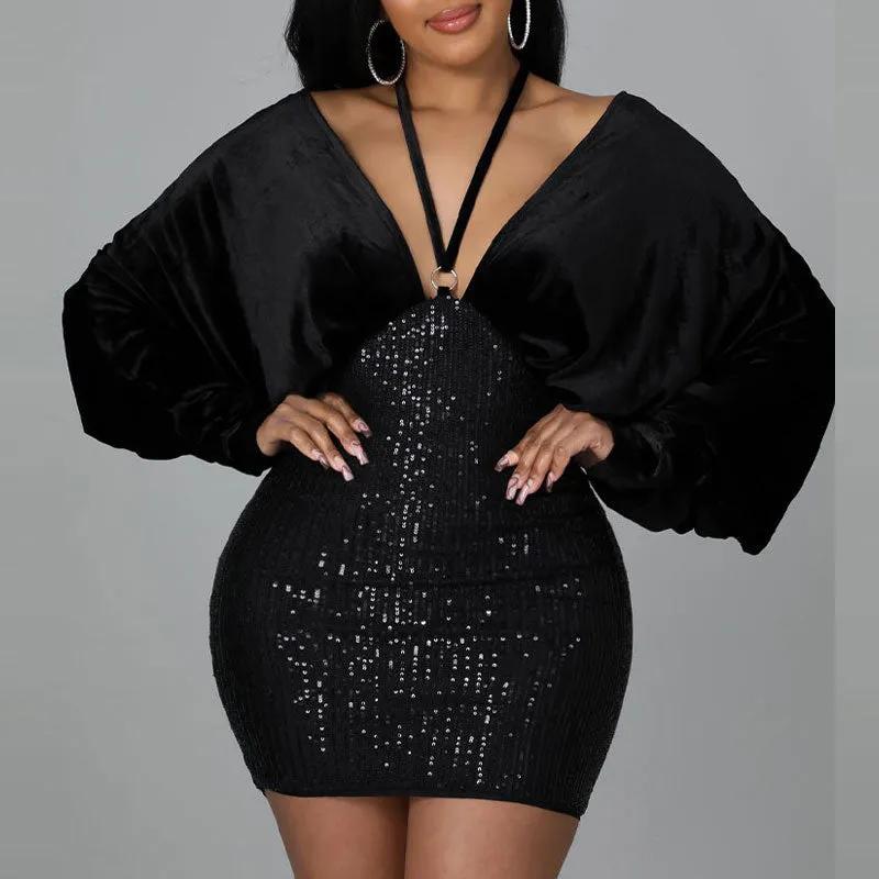 Velvet Deep V-Neck Sequins Patchwork Bandage Bodycon Dress