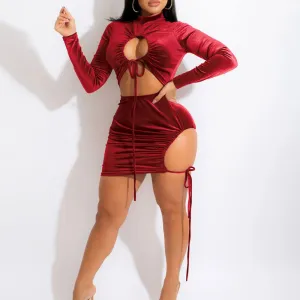 Velvet Long Sleeve Cut Out Drawstring Bodycon Dress