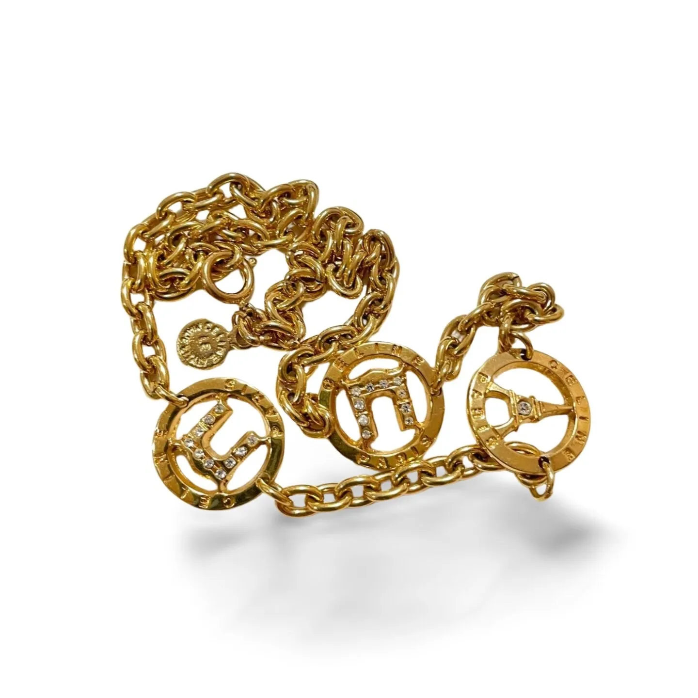 Vintage CELINE golden Eiffel tower, Triomphe charm necklace with crystal. Perfect jewelry. Made in ITALY. 06012314
