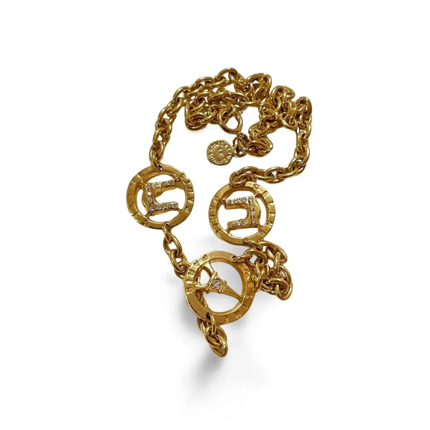 Vintage CELINE golden Eiffel tower, Triomphe charm necklace with crystal. Perfect jewelry. Made in ITALY. 06012314