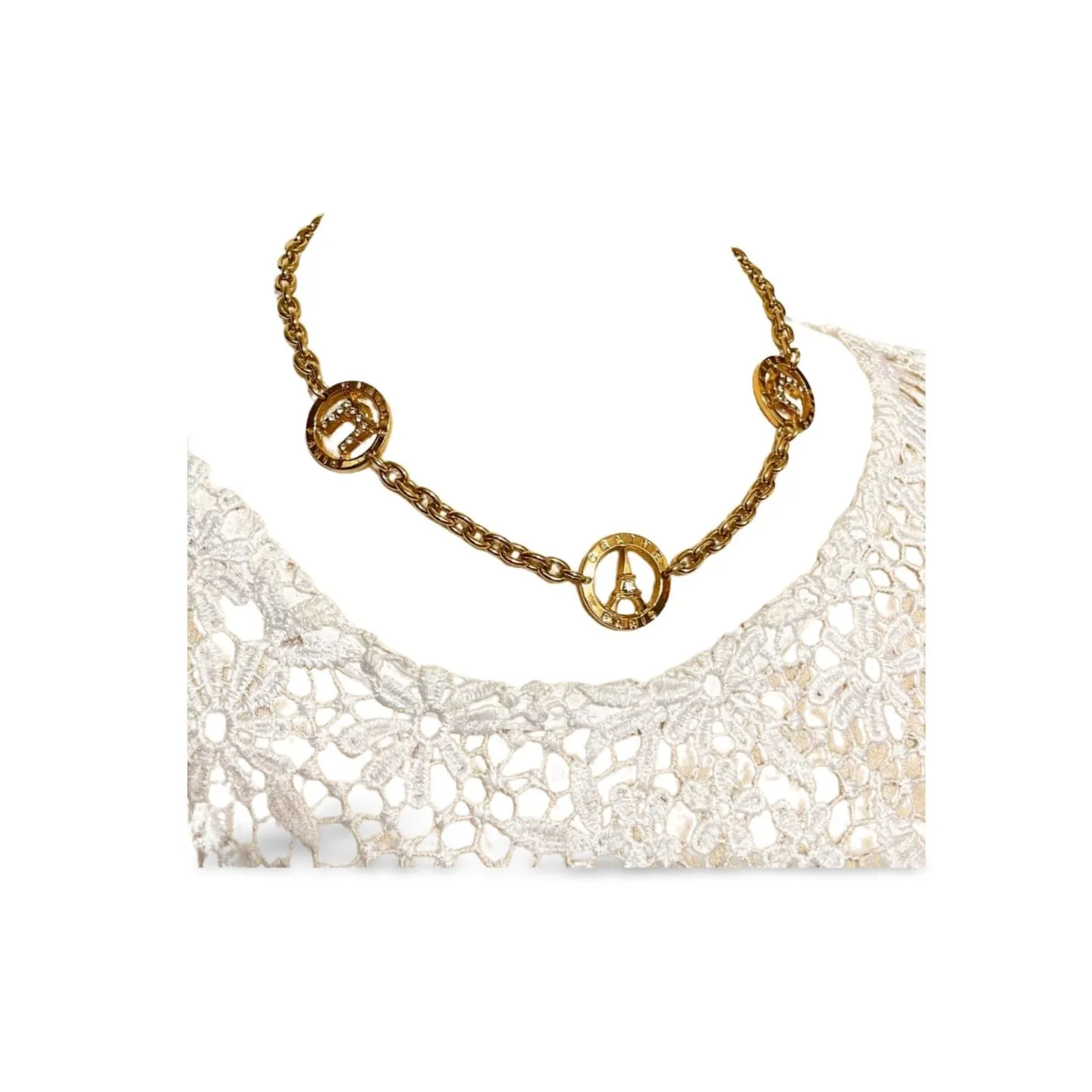 Vintage CELINE golden Eiffel tower, Triomphe charm necklace with crystal. Perfect jewelry. Made in ITALY. 06012314