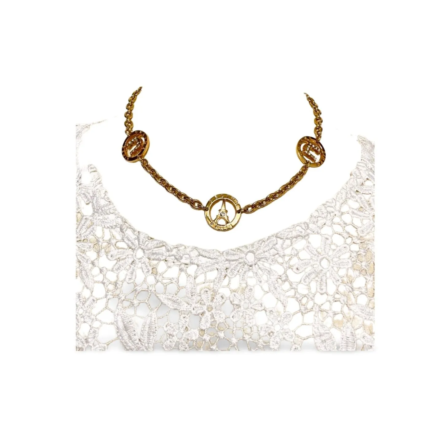 Vintage CELINE golden Eiffel tower, Triomphe charm necklace with crystal. Perfect jewelry. Made in ITALY. 06012314