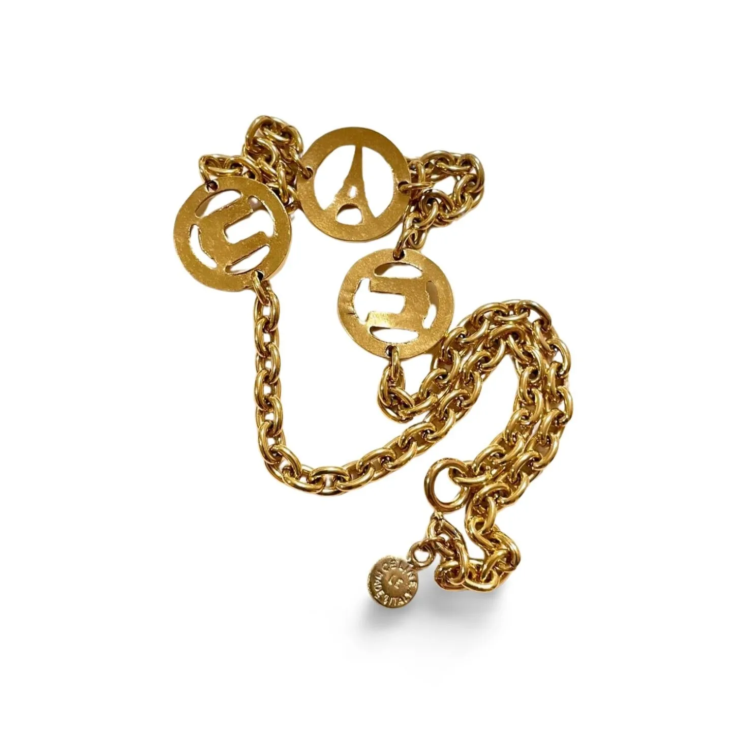 Vintage CELINE golden Eiffel tower, Triomphe charm necklace with crystal. Perfect jewelry. Made in ITALY. 06012314