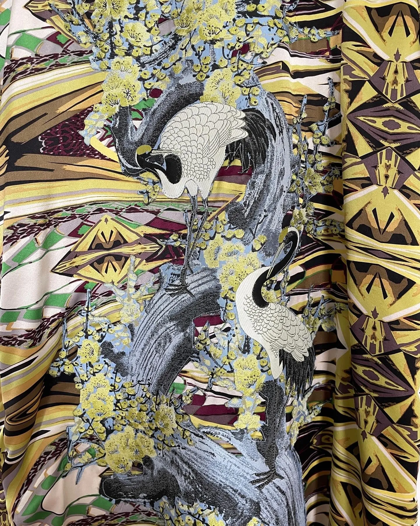 Yellow Velvet Caftan with Crane Artwork