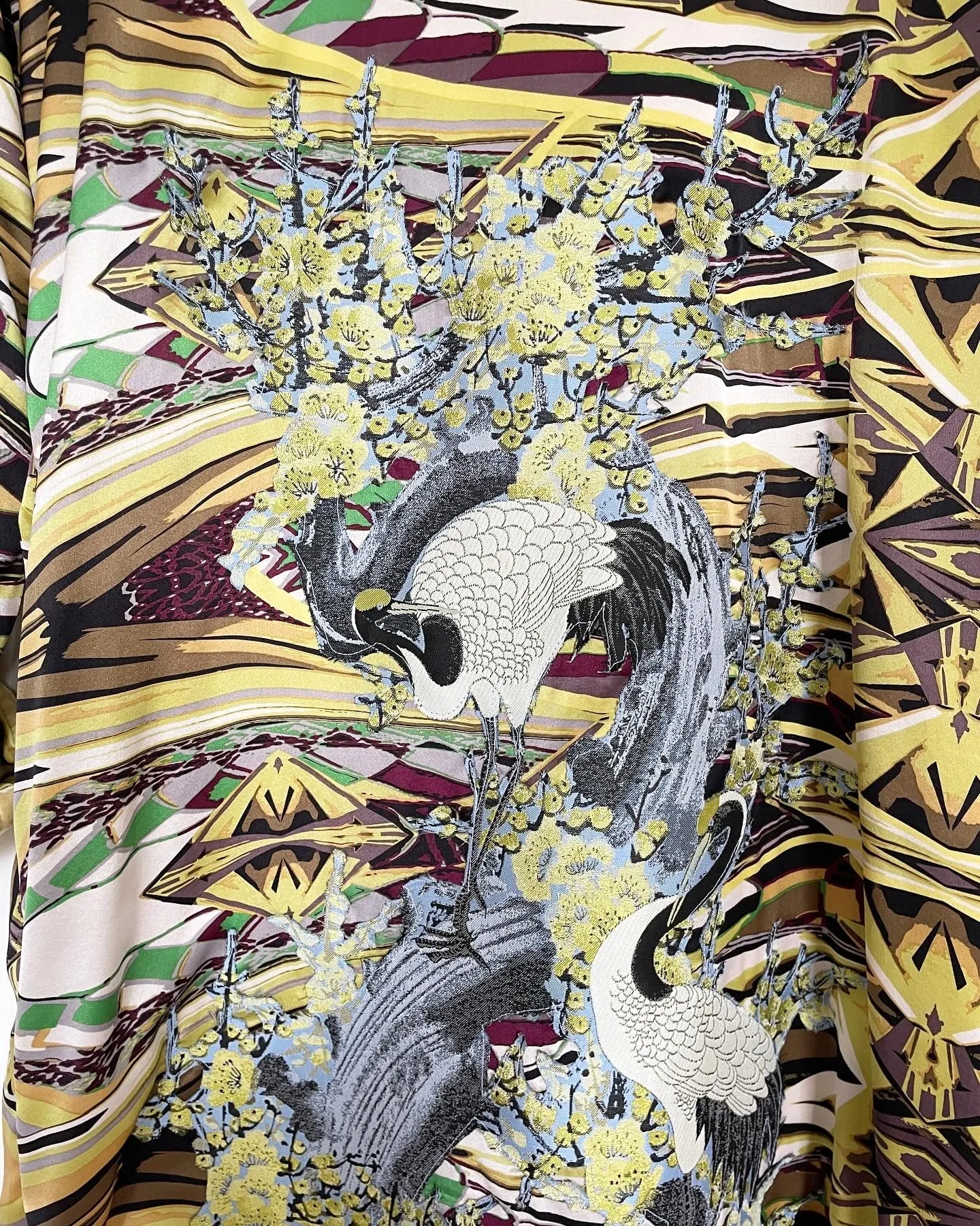 Yellow Velvet Caftan with Crane Artwork