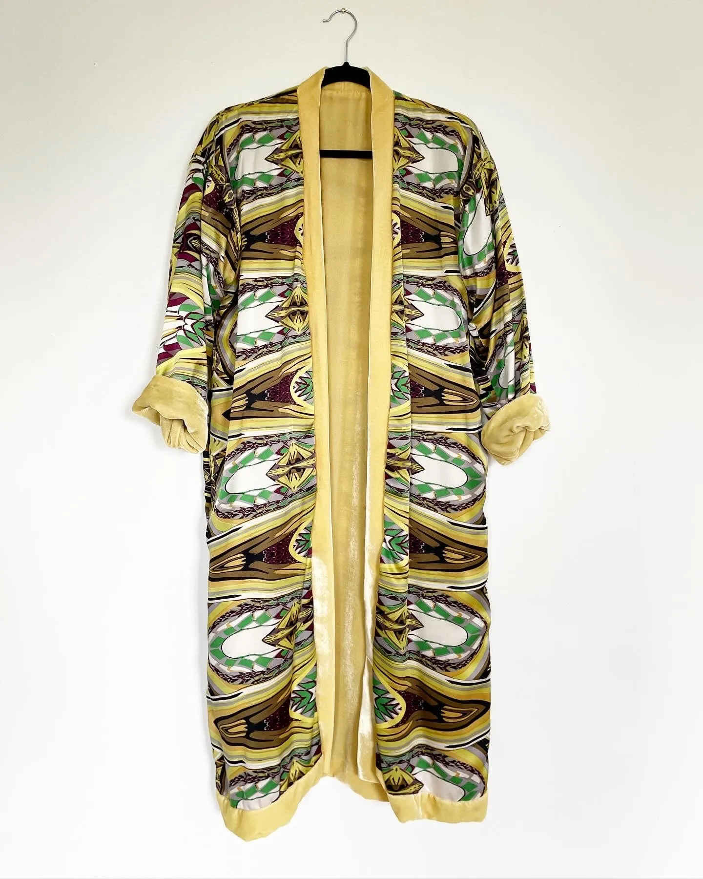 Yellow Velvet Caftan with Crane Artwork