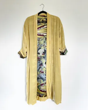 Yellow Velvet Caftan with Crane Artwork