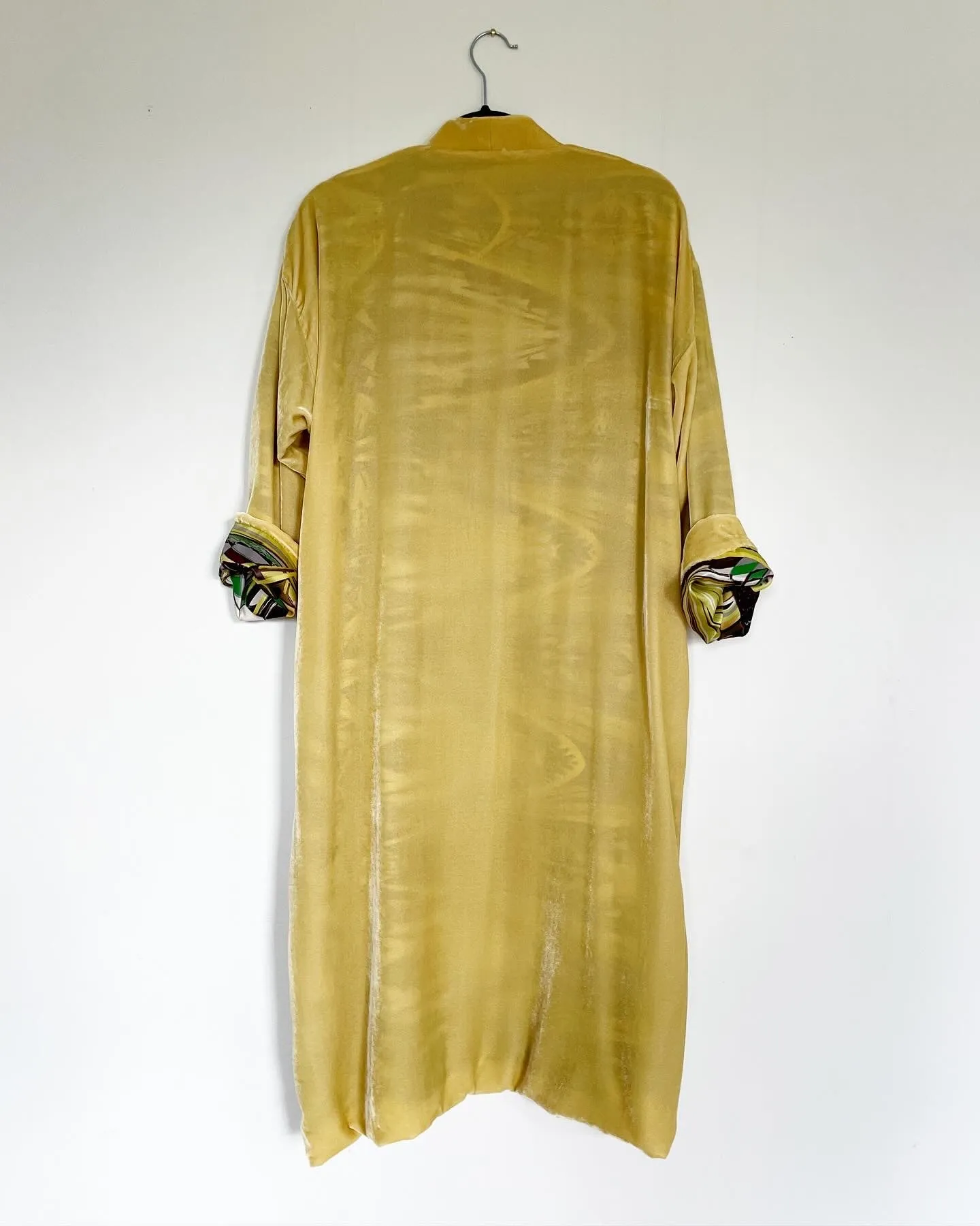 Yellow Velvet Caftan with Crane Artwork