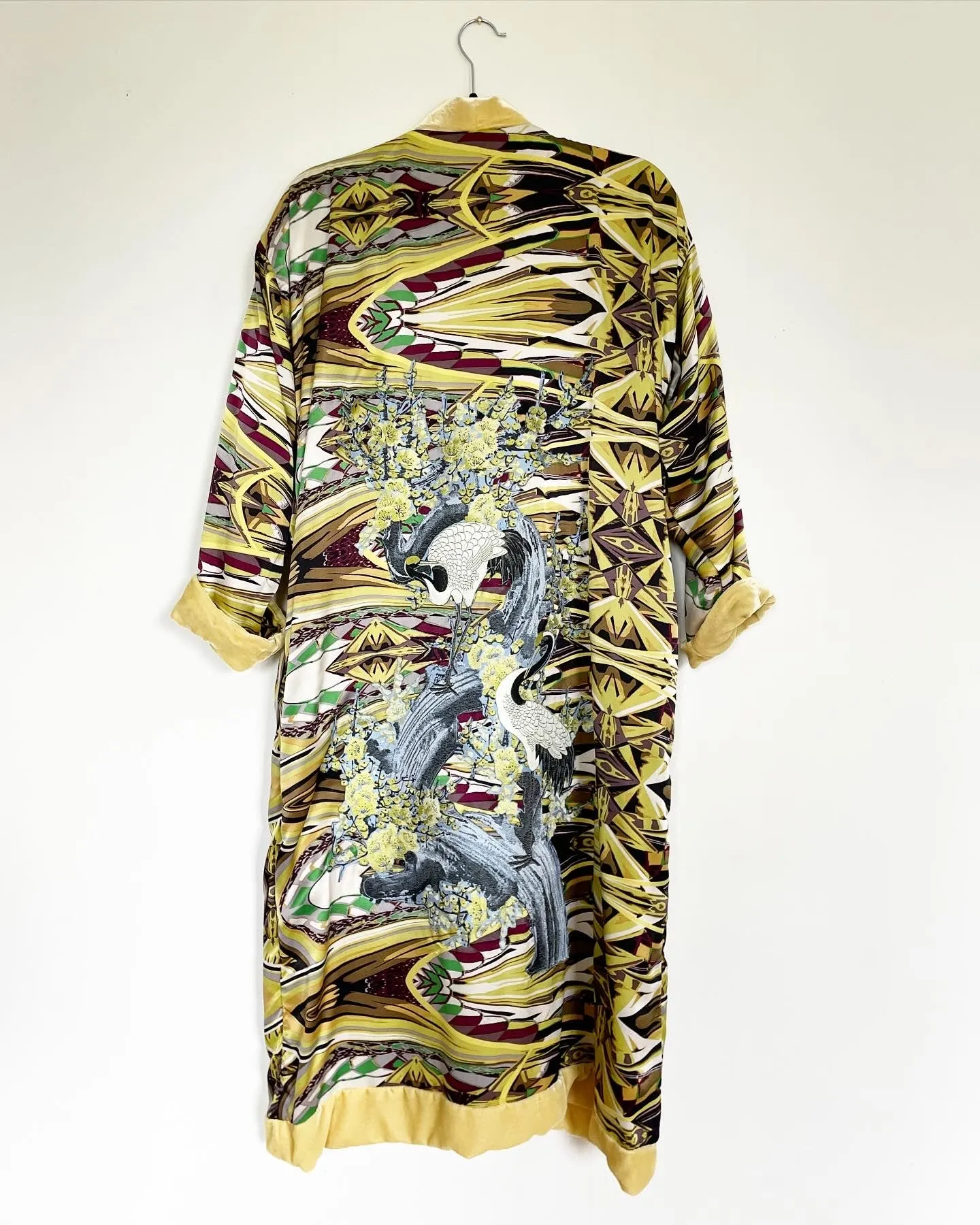 Yellow Velvet Caftan with Crane Artwork